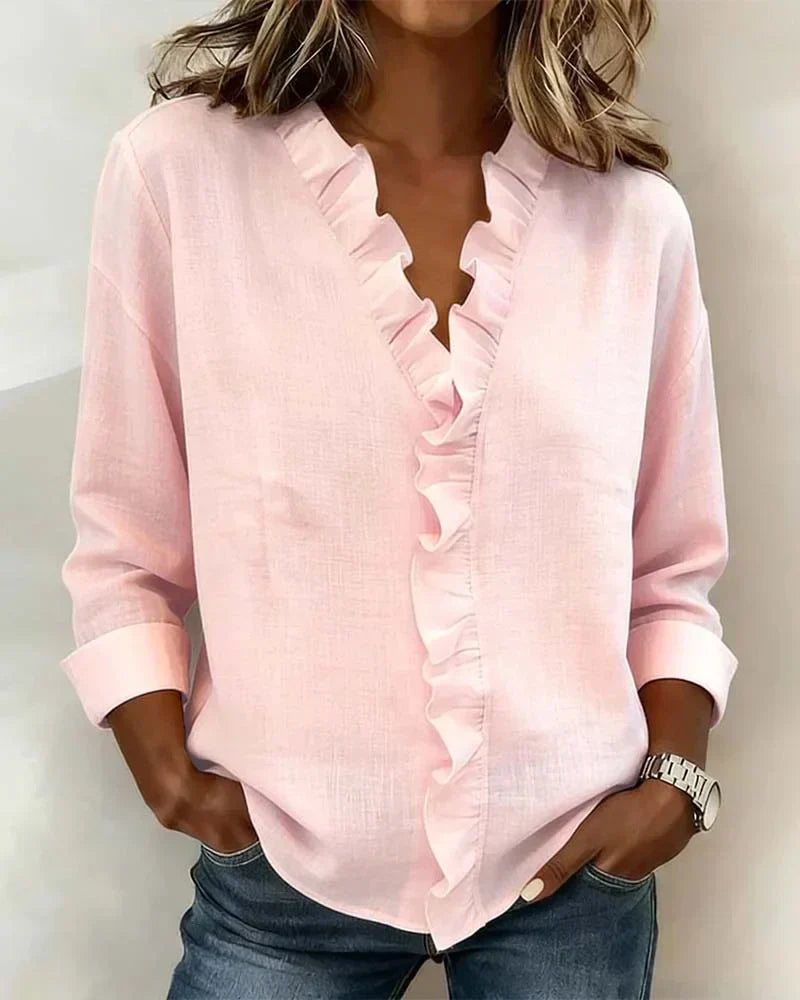 Indie | Blouse with Ruffles, V-Neck and Long Sleeves