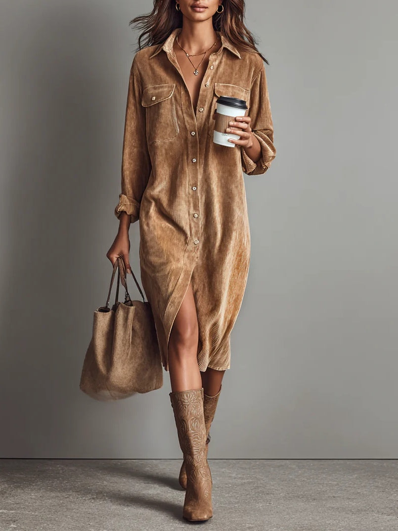 Jessy - Loose Corduroy Double Chest Pocket Breasted Midi Dress